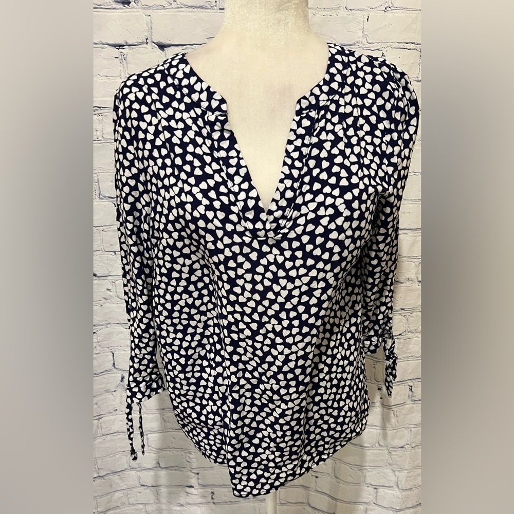 Rachel Roy Blouse 3/4 Sleeves Blue With White Hearts Cute Size Large
